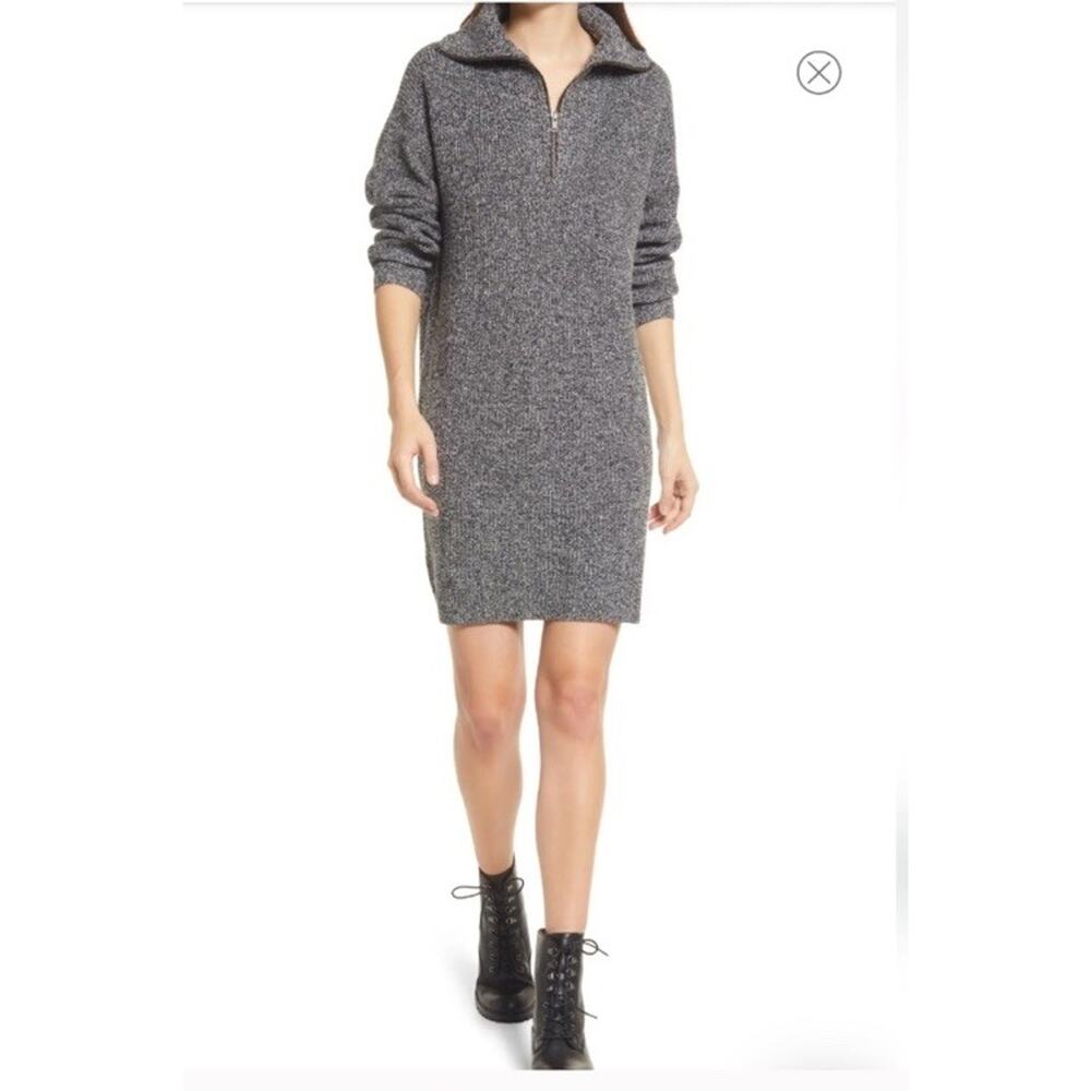 Madewell Merino Wool Long Sleeve Half Zip Ribbed Sweater Dress Grey XL